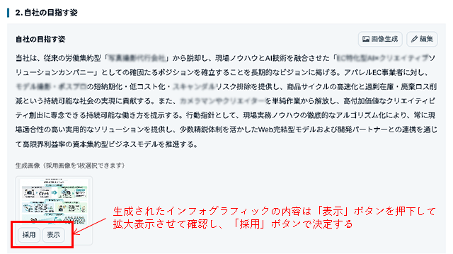 生成された画像は「表示」で拡大し、「採用」で決定する